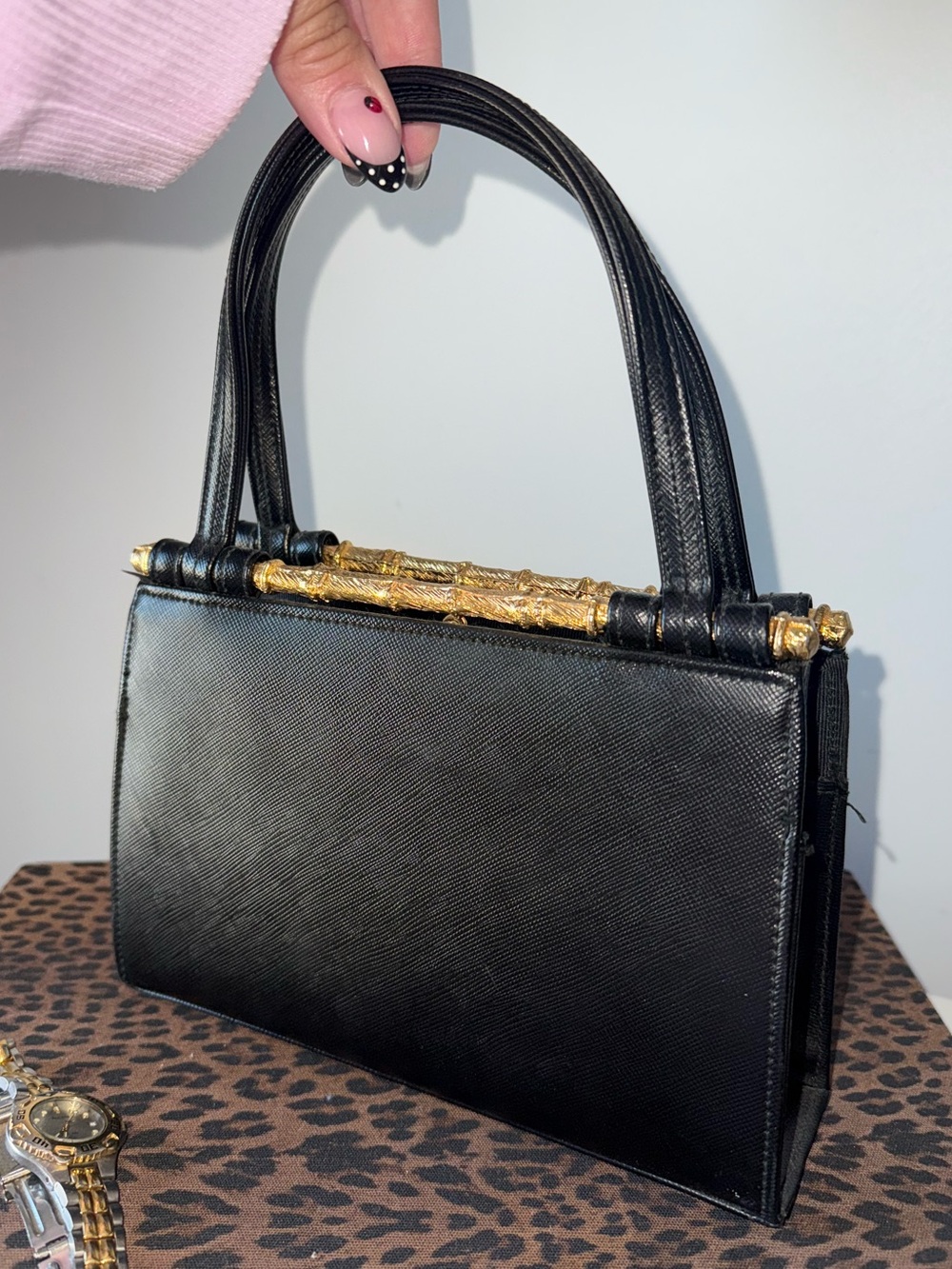 Vintage Meyer’s Handbag - Black Leather with Gold Bamboo details